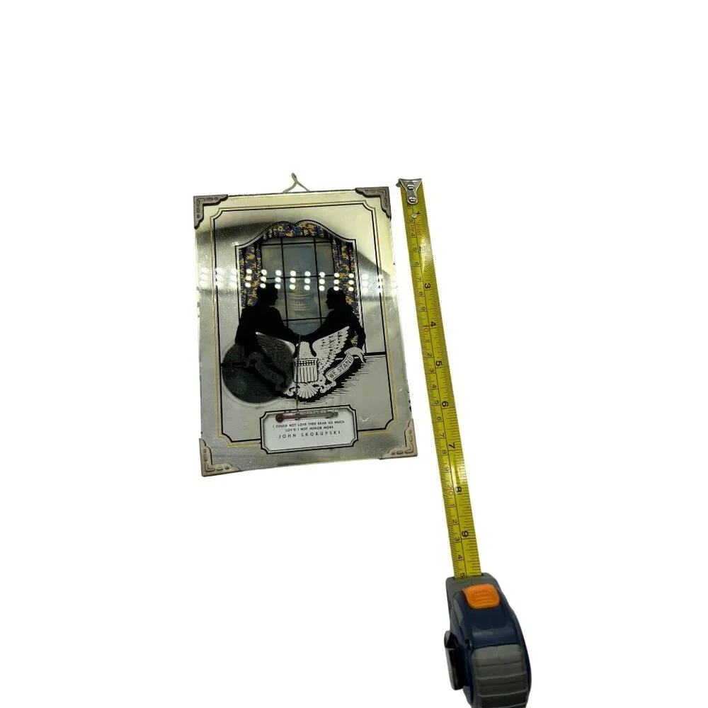 Vintage Silhouette Reverse Painting Couple White House Eagle Thermometer 4 3/4